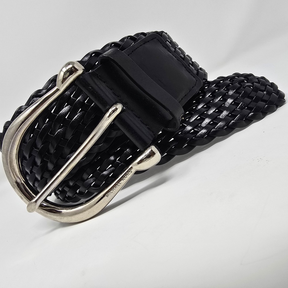 Michael Kors Black Woven Braided Leather Belt Silver Buckle 553633 Medium READ - Picture 3 of 14